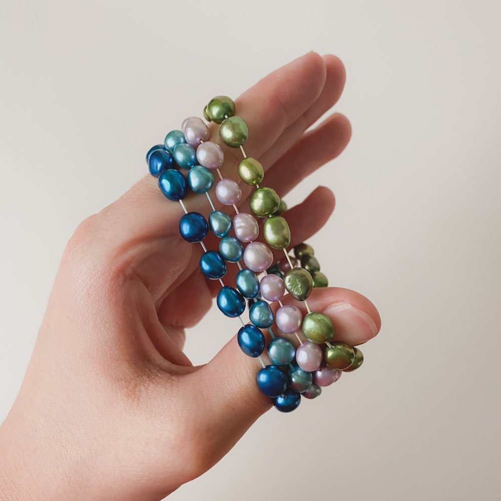 Natural Freshwater Pearl Dyed Blue Green Purple Set of Four Stretch Bracelets - Picture 6 of 10